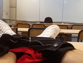 Horny at school during course revision, this French-Asian student takes out his cock in public, jerks off in a risky university classroom