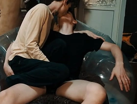 Young guys decided to have sex in a hostel on an inflatable transparent chair