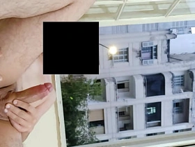 Risky masturbation flashing at open window front neighborhood