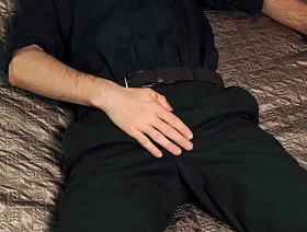Young handsome man Noel Dero masturbates on the bed in a beautiful suit and brings himself to orgasm